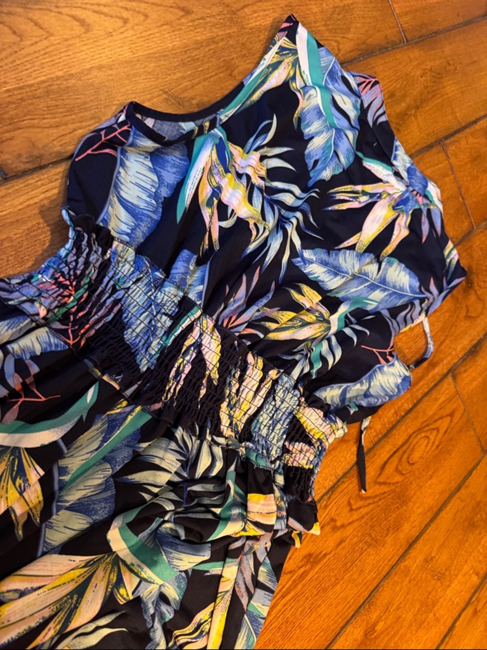Sleeveless Navy Tropical Maxi Dress with Smocked Waist - Picture 5 of 6